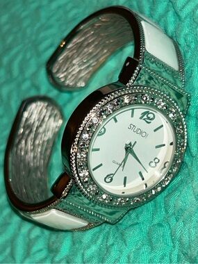 Studio Silver-Tone Crystal Cuff Watch with White Accents NWOT